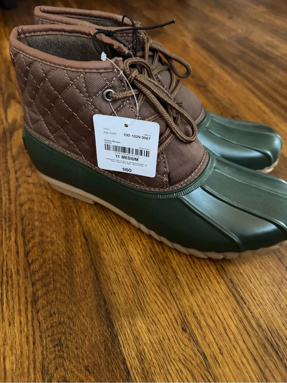 jcpenney Brown Quilted Lace-Up Winter Duck Boots with Green Rubber Lower